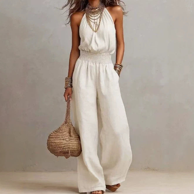 Women's Halter-Neck Backless Wide-Leg Jumpsuit – Solid Color Street Style
