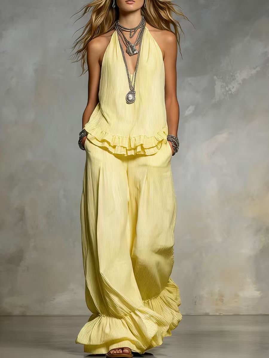 Women's V-Neck Ruffle-Trim Puff-Sleeve Two-Piece Set