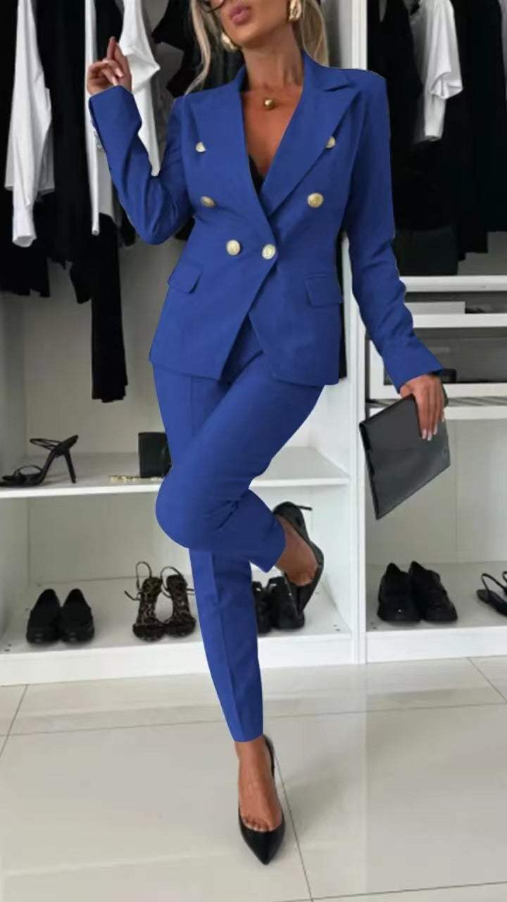 Double-Breasted Lapel Blazer & Zip-Up Trousers Suit
