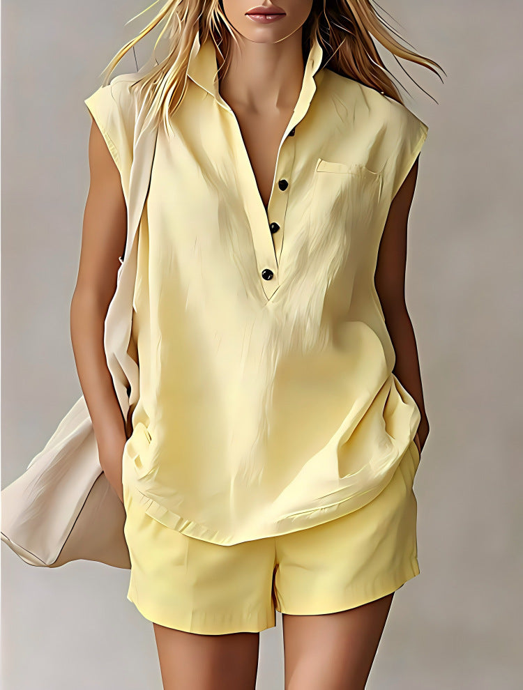 Women's Casual Sleeveless Cardigan Top & Shorts Set