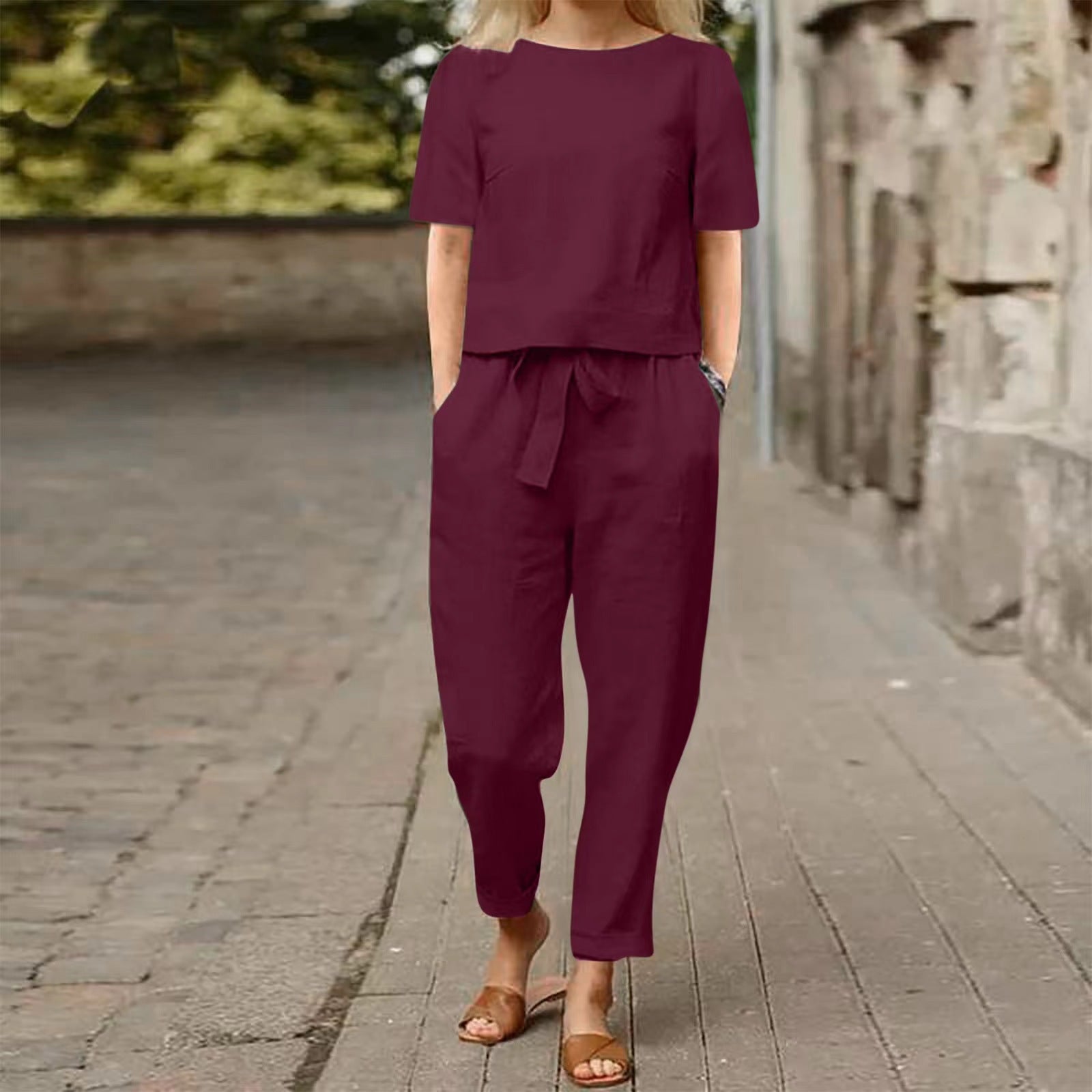 Wide-Leg Pants Two-Piece Set – Solid Color Casual Lounge Suit
