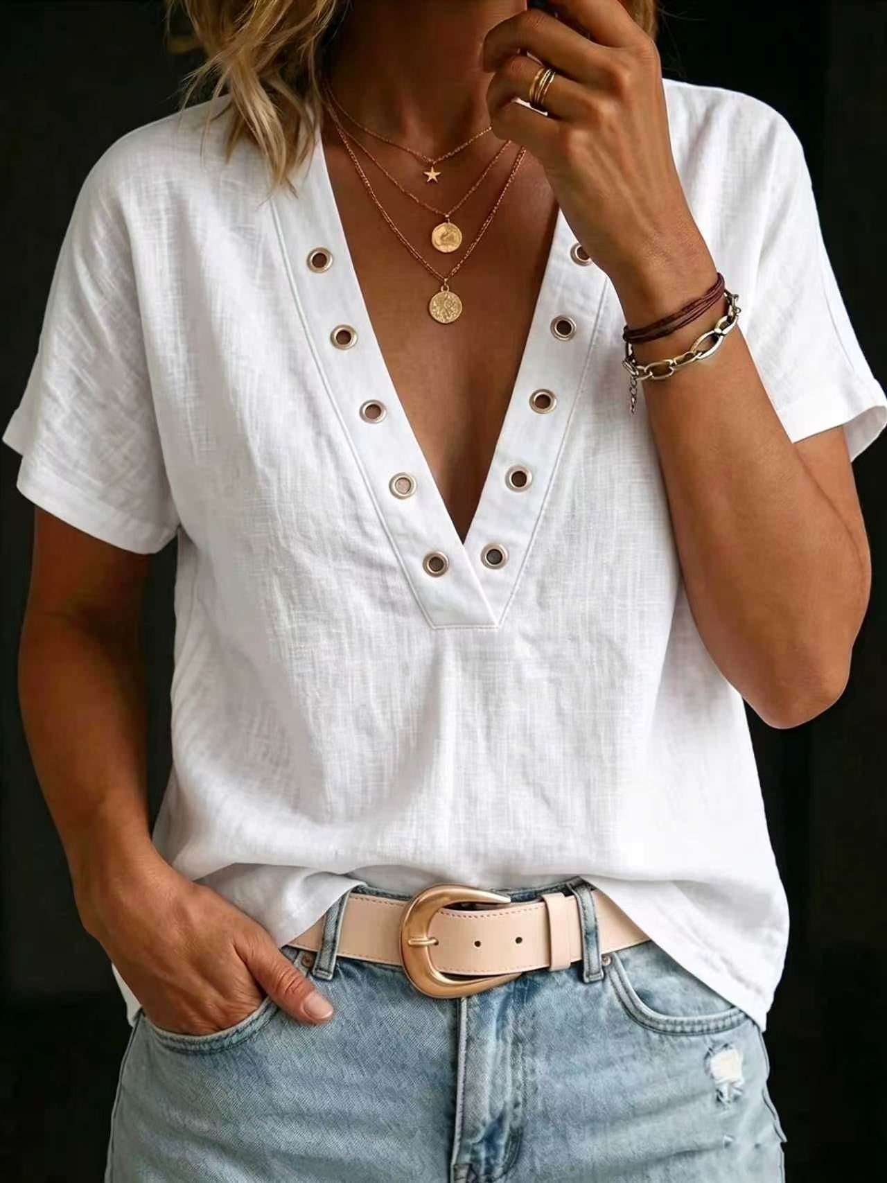 Women's V-Neck Short-Sleeve Loose-Fit Linen Shirt
