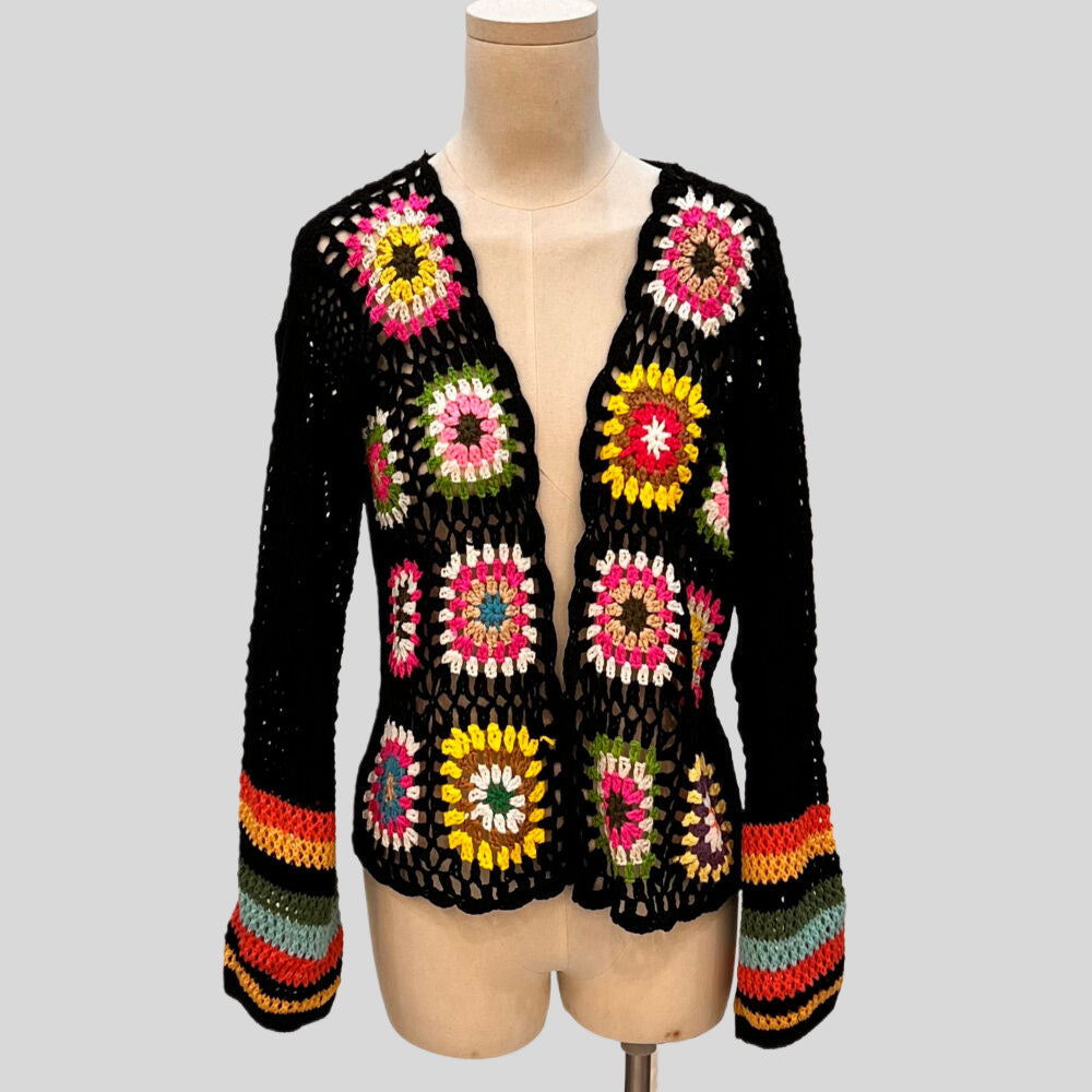 Hand-Crocheted Floral Cardigan Sweater | Boho Open Front Knit Top